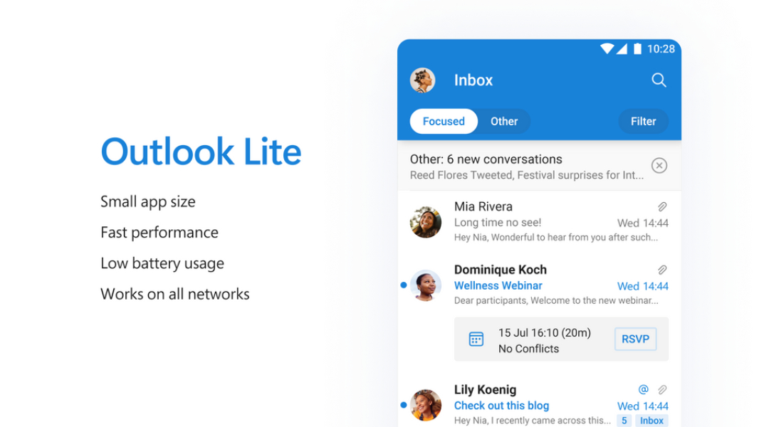 Outlook Lite Android App Mobilizationes in Select Markets today